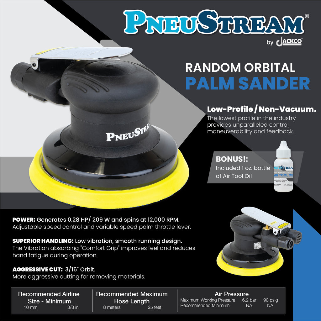 PneuStream Palm Style Air Random Orbital Sander - 3/16" Orbit